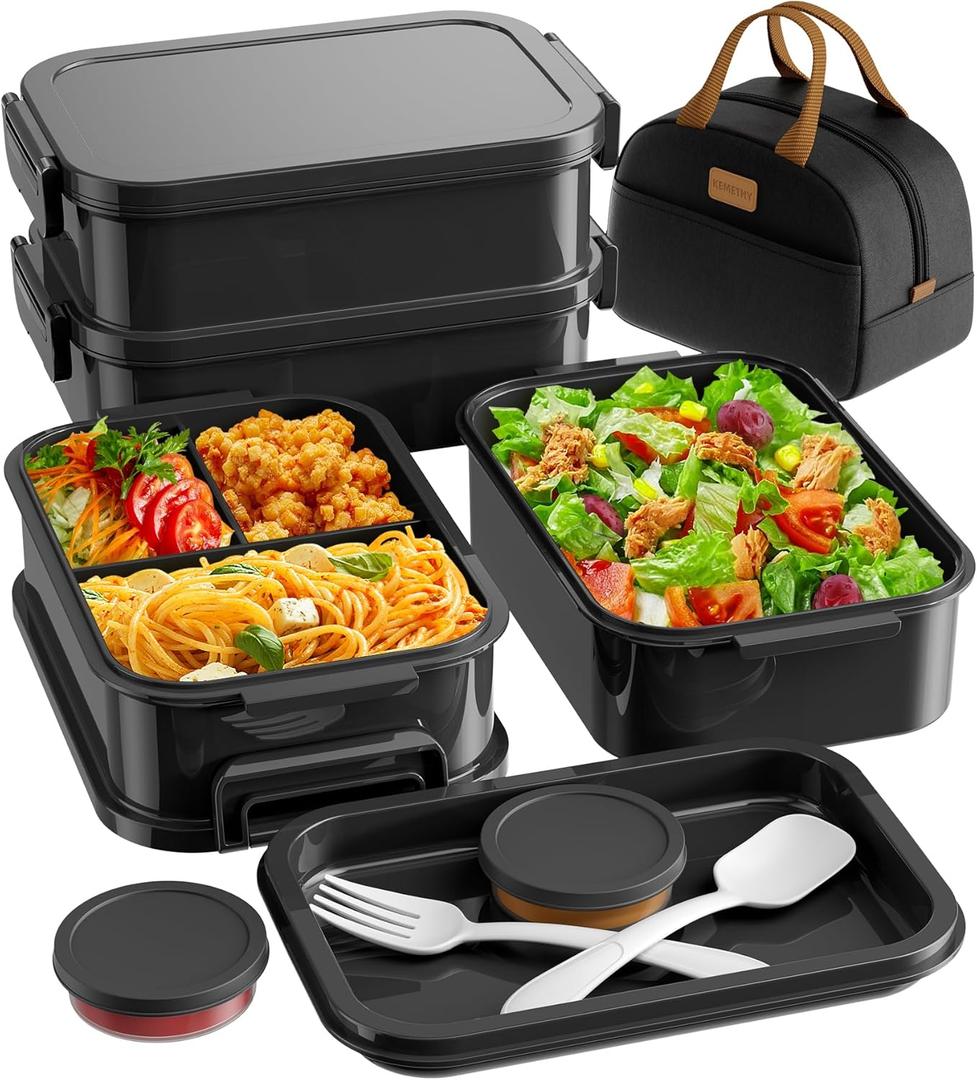 KEMETHY Adults Bento Lunch Box Set with Thermo Bag, 74oz Stackable Leak-proof 3-tiers Bento Box, Built-in Utensil and Sauce Container for Work, School, Dining Out (Black)