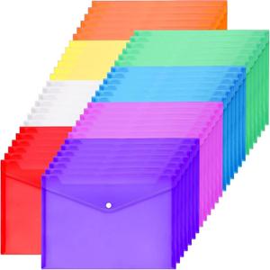 50 Pcs Plastic Envelopes, Poly Envelopes with Snap Button Closure, Clear Document Folders, A4 Letter Size File Envelope, Plastic File Folders for Home Work Office Organization, 8 Colors