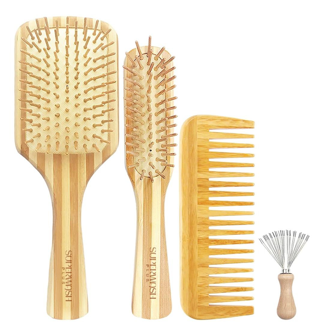 Bamboo Hair Brush Comb Set for Women Men, Wood Bristle Paddle Detangling Brush, Wide Tooth Comb for Curly Wavy Thick Thin Wet Dry Hair, Brush Cleaning Tool Included - 4 Pack