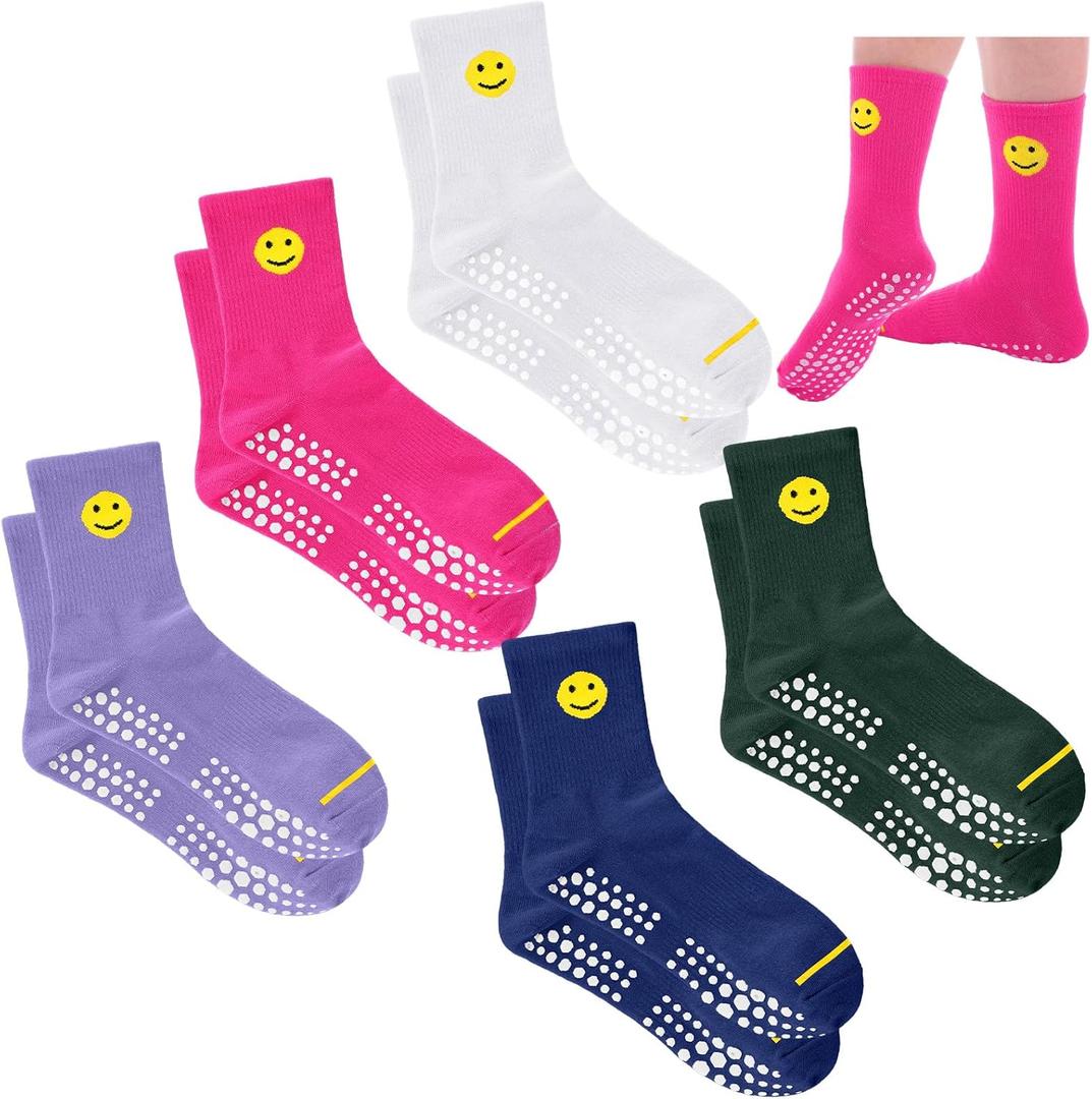 Jeyiour 5 Pairs Coquette Bow Socks for Women Pure Cotton Non Slip Pilate Grips Socks with Embroidered for Yoga Barre Ballet (Smiley Face)