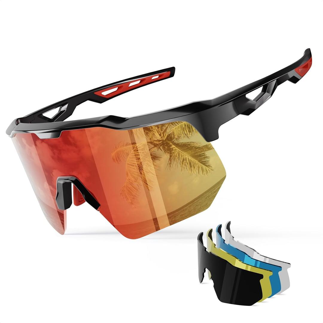 HAAYOT Polarized Sports Sunglasses for Men Women Youth Baseball Cycling Running Softball Biking Glasses 5 Lenses (Bright Black Red)