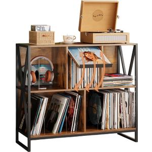 Large 3 Tier Record Player Stand Turntable Stand with Vinyl Storage Holds up to 300+ Albums Mid-Century Record Player Cabinet Table for Vinyl Records with 4 Dividers for Living Room (Brown)