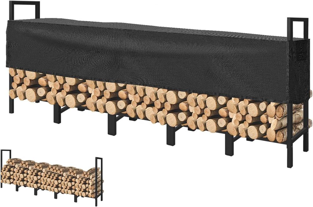 KYATE 8ft Firewood Rack Outdoor with Adjustable Cover Fireplace Wood Storage Indoor Heavy Logs Stand Stacker Holder Strong Lumber Racks Outside for Courtyard Patio
