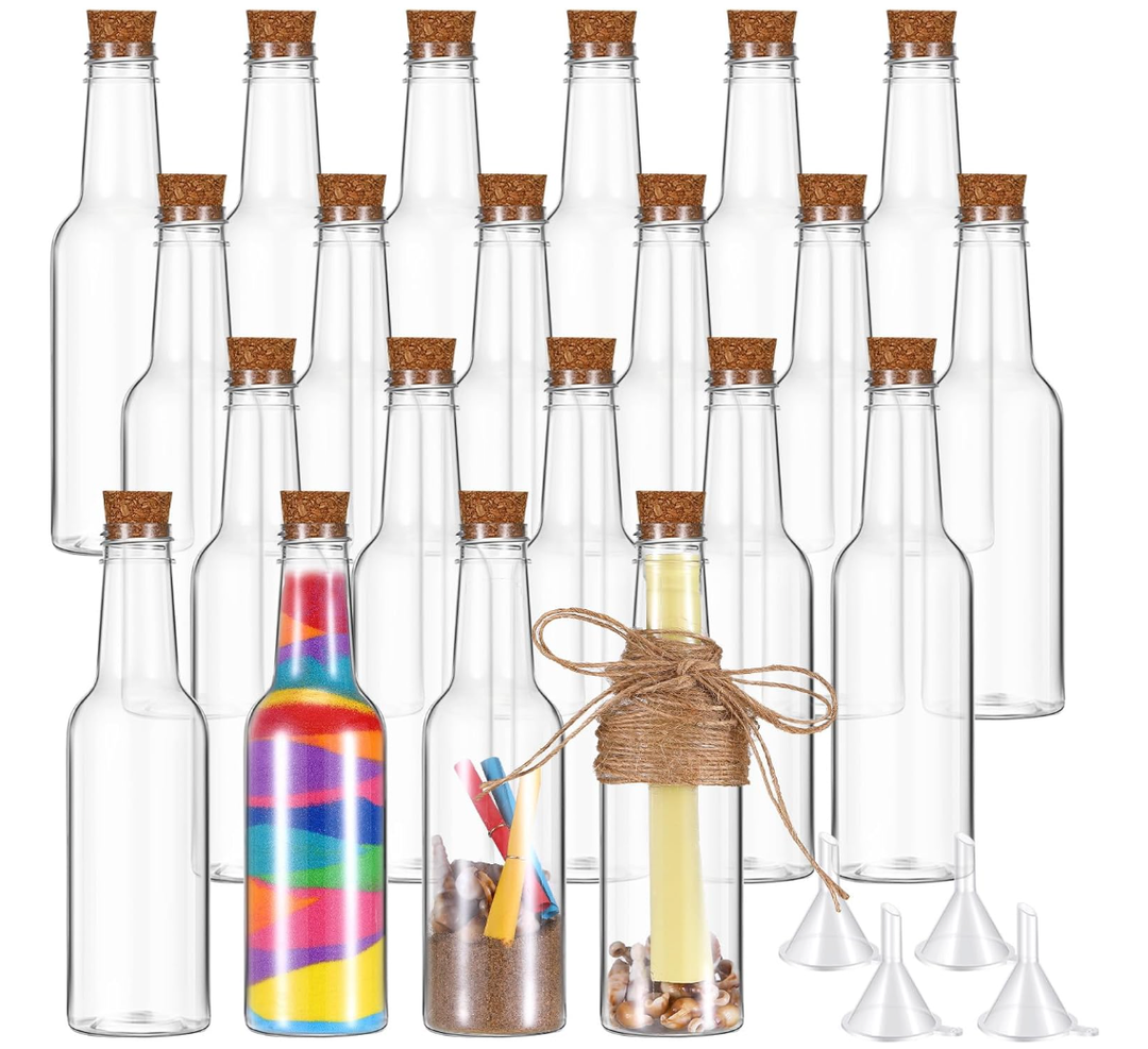 Tanlade 20 Pcs 5.6oz Plastic Sand Art Bottles with Cork Stoppers Wish Message Bottle Containers Clear Potion Bottles with Plastic Funnels for DIY Craft Wedding Birthday Party