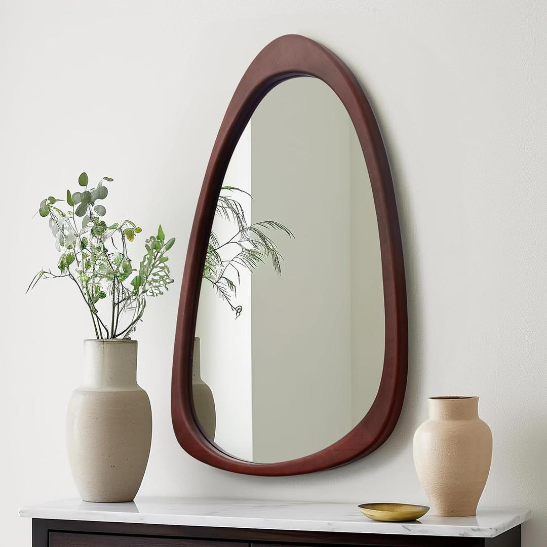 sawsile Irregular Wall Mirror for Bathroom,Wood Asymmetrical Rustic 19.5 x 30.5 inch Farmhouse Vanity Unique Walnut Decorative Large Mirror for Entryway,Bedroom,Living Room,Washroom