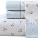 Laura Ashley - Twin Sheet Set, Crisp & Cool Cotton Percale Bedding with Deep Pockets, Lightweight for Year Round Comfort, Bed Sheets with Matching Pillowcase (Harperette Blue)
