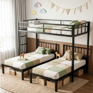 Mixcous Triple Bunk Bed Metal Frame, Twin XL Over Twin & Twin, Black