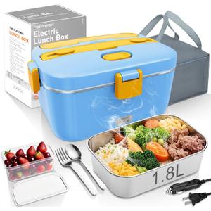 100W Heated Lunch Boxes for Adults 12V 24V 110V-230V Electric Lunch Box Food Heater for Car/Truck Portable Food Heating Boxes with 1.8L 304 SS Containe
