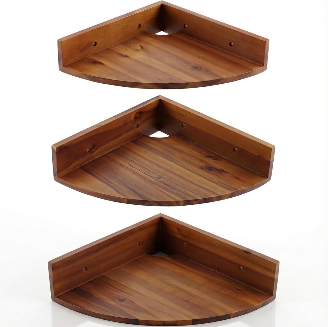 Demigo Corner Shelf Wall Mount Set of 3, Solid Acacia Wood Round Floating Corner Shelves for Storage and Display, Hanging Wood Shelves for Bedroom, Kitchen, Living Room, Bathroom (Brown)