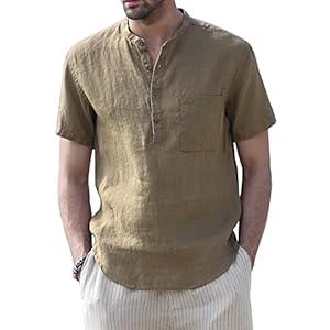 Muscle Cmdr Men's Casual Cotton Henley Shirts Lightweight Yoga Short Sleeve Shirt Hawaiian Beach Soft Tee Khaki, S