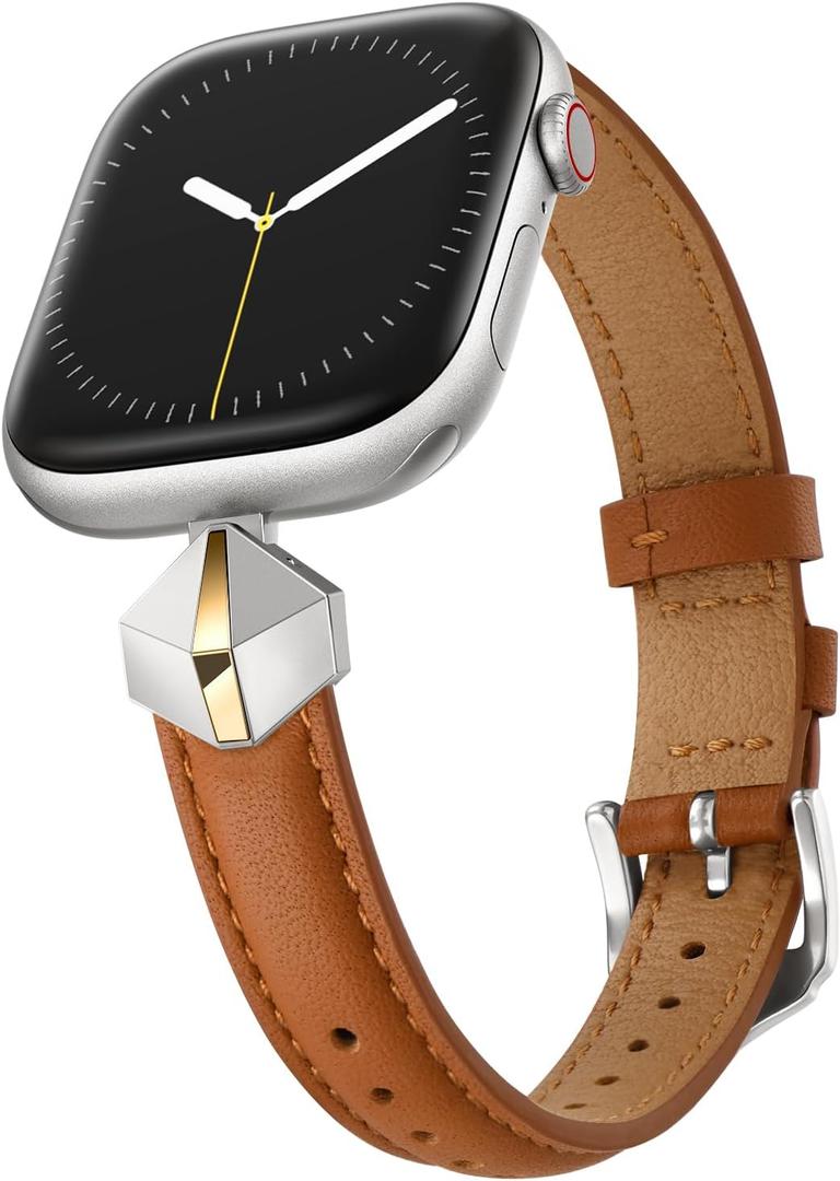 WFEAGL Leather Band Compatible with Apple Watch Bands Women 38mm 40mm 41mm 42mm(Series 11/10),Dressy Slim Grain Genuine Leather band for iWatch SE Series 11/10/9/8/7/6/5/4/3/2/1-Brown/Silver&Gold