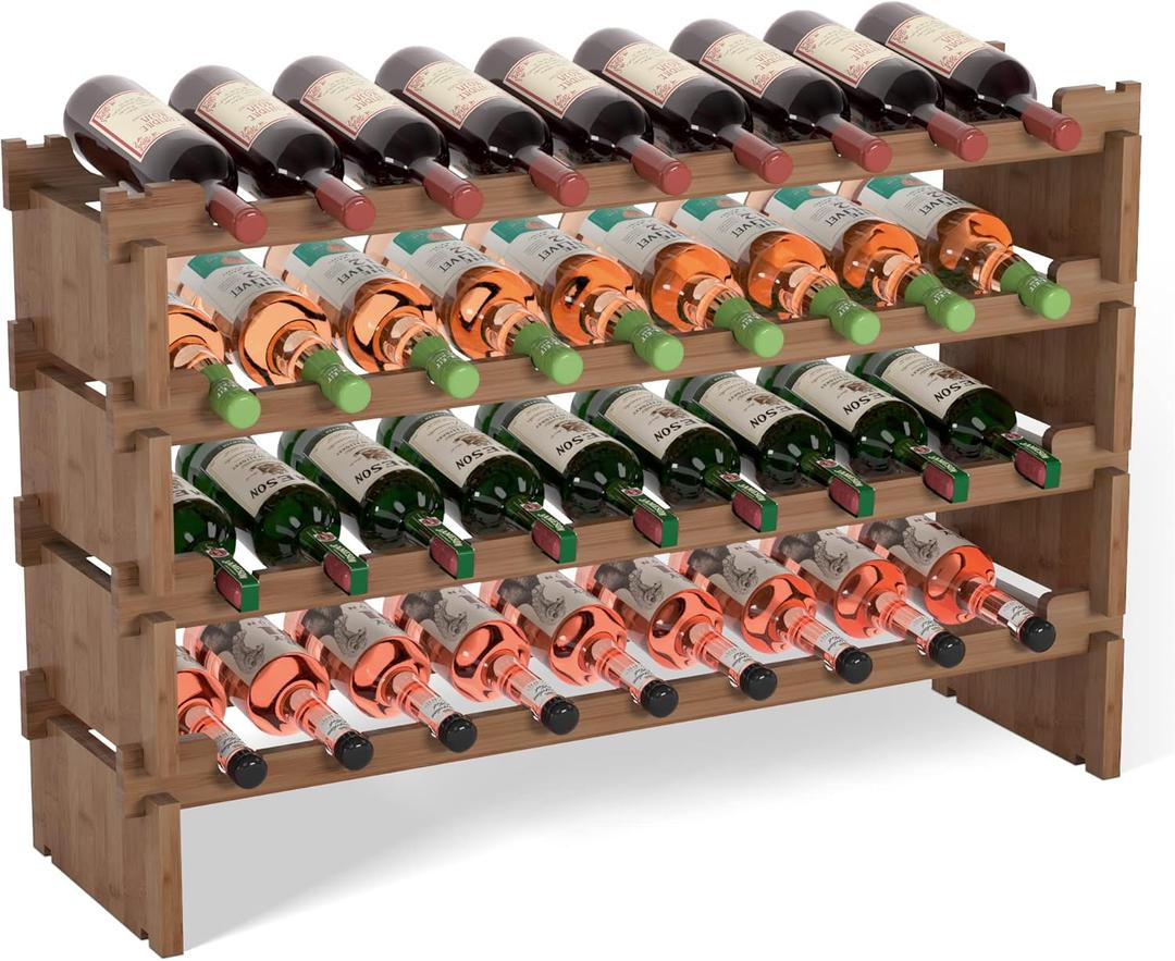 Domax Wine Rack Freestanding Floor - 36 Bottle Wine Racks Countertop,4 Tiers Stackable Wooden Storage Holder, 33.5 in Wide (Walnut)