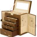 Homde Synthetic Leather Huge Jewelry Box Mirrored Watch Organizer Necklace Ring Earring Storage Lockable Gift Case (Brown + Gold)