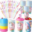 Maxcheck 24 Sets 16 oz Unicorn Cups Birthday Party Favors with Colorful Lids and Straws for Birthday Decorations Rainbow Plastic Cups Reusable Plastic Straws for Party