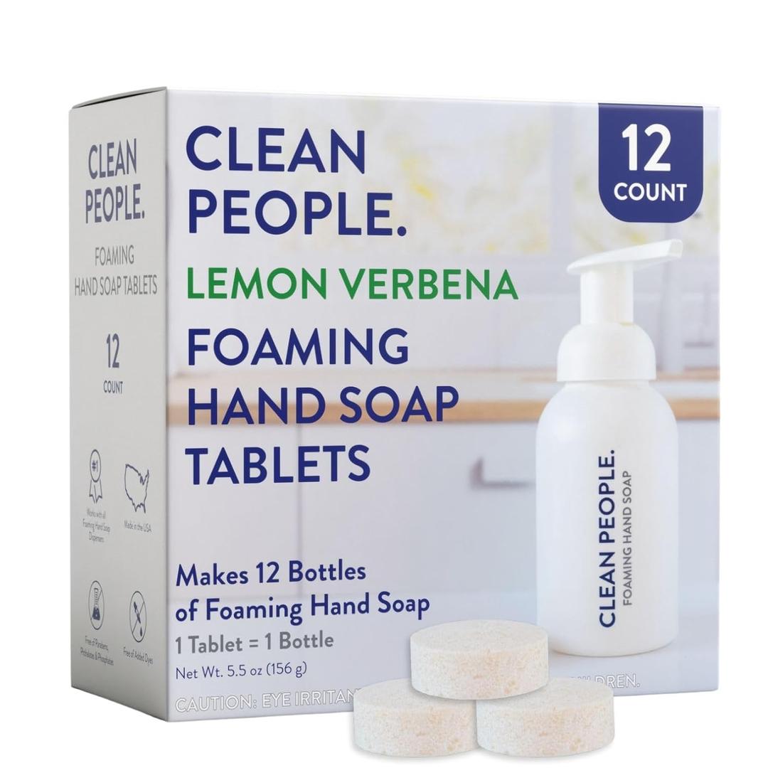 THE CLEAN PEOPLE Lemon Verbena Foaming Hand Soap Tablets - Hand Soap - Mess Free, Gentle on Skin, Makes 12 x 8 fl oz Bottles of Soap (12 Count, Lemon Verbena) (4 Count (Pack of 3))