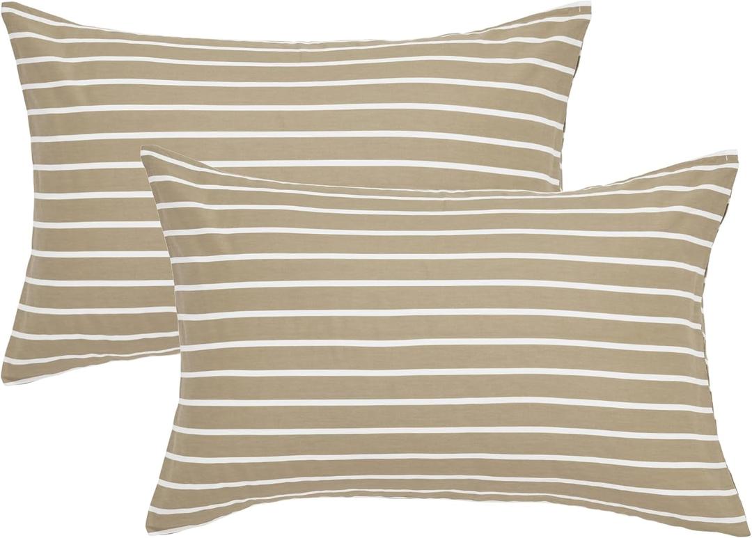 JELLYMONI 100% Natural Cotton Striped Queen Pillowcases Set, 2 Pack Khaki and White Stripes Pattern Printed Pillow Covers with Envelope Closure(Pillows are not Included) (1608)