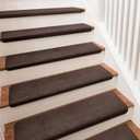 PURE ERA Carpet Stair Treads Ultra Plush 9.5" X 30"Soft Bullnose Indoor Stair Protectors Pet-Friendly Non-Slip Skid Resistant Tape Free Washable Reusable(14 Pieces,Dark Brown)
