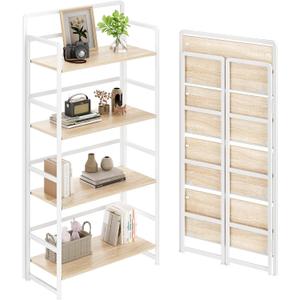 No Assembly Folding Bookshelf, 4 Tiers Collapsible Book Shelf for Home Office, Vintage Wood Foldable Bookcase Storage Organizer for Living Room Bedroom (Beige)
