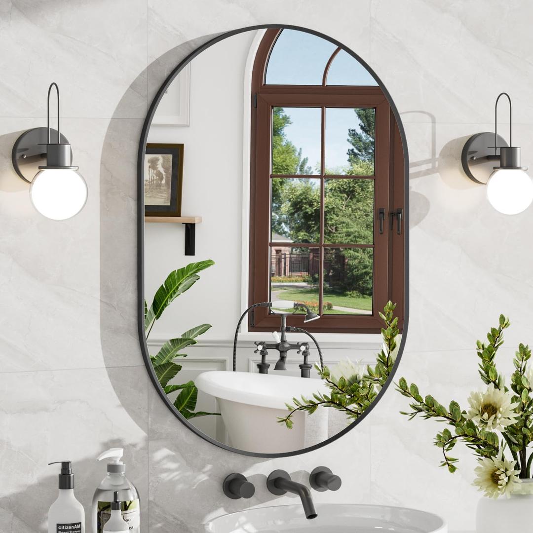 24x32 Inch Black Oval Bathroom Mirror, Wall Mounted Vanity Mirror for Over Sink, Tempered Glass with Aluminum Frame, Vertical or Horizontal Hanging