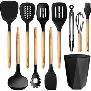 Silicone Cooking Utensils Set 11PCS -BPA-Free&Non-Toxic 446F Heat Resistant,Wooden Handle Kitchen Tools for Nonstick Cookware,Heat Resistant&Scratch-Proof Includes Spatula/Turner/Ladle(Black)