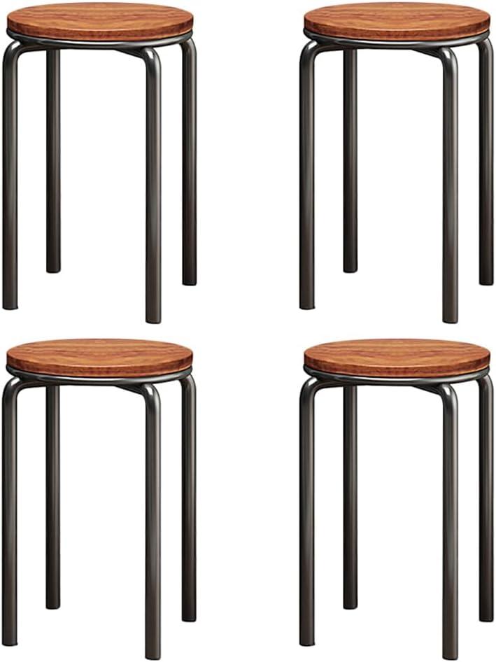 Stacking Stools Set of 4, 18" H Backless Round Wooden Top Portable Stackable Stools with Metal Frame (Brown)