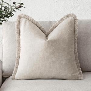 Foindtower Decorative Linen Fringe Throw Pillow Covers Cozy Boho Farmhouse Cushion Cover with Tassel Soft Accent Pillowcase for Chair Sofa Bed Living Room Home Decor, 2020 Inch, 1PC, Natural Beige