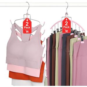 TOPIA HANGER 4 Pack Gym Clothes Organizer, 2 Pack Tank Top Hangers with 2 Pack Leggings Hangers Space Saving Hang 20 Sets Tank Top Bra with Leggings Shorts Pants for Closet Women Pink CT78P