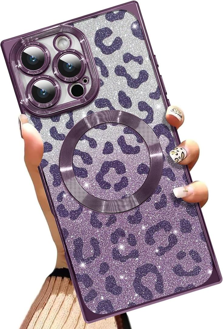 AIGOMARA Phone Case for iPhone 16 Pro [Compatible with MagSafe] Leopard Print Design Glitter Bling Case Shockproof Scratch-Resistant Soft TPU Cover for Women - Purple