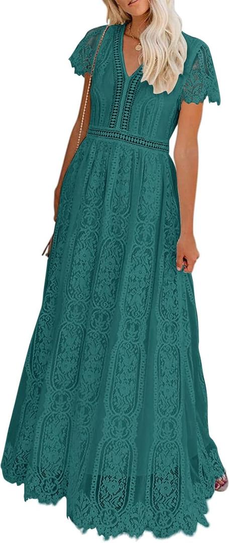 MEROKEETY Women's 2026 V Neck Short Sleeve Floral Lace Wedding Dress A Line Boho Bridesmaid Cocktail Party Maxi Dress S
