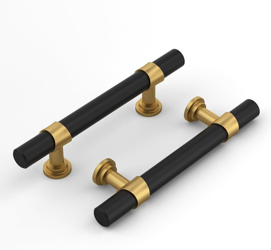Haliwu Black and Gold Cabinet Pulls, 6 Pack 3-3/4 inch Hole Spacing Dresser Drawer Handles, Kitchen Barrel Cupboard 2 Tone Hardware