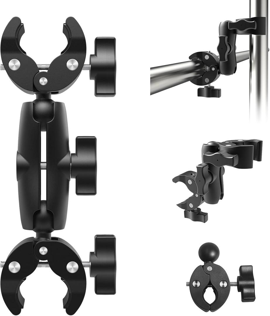 Double Clamp Mount Umbrella Clamp Pole Clip Mount for Phone, Action Camera, Motorcycle, Bike Handlebar, Cross Bar, Musical Instrument, Photo Studio Light Stand, 1Pack