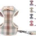 VOOPET Puppy Harness Easy to Put On & Take Off Step in Dog Harness, Puppy Soft Padded Mesh Front Vest with Leash, Adjustable Pets No-Pull Walking Harness with Cute Bows for Small Dogs and Cats (Medium (2 Piece Set), Beige-light coffee Plaid)