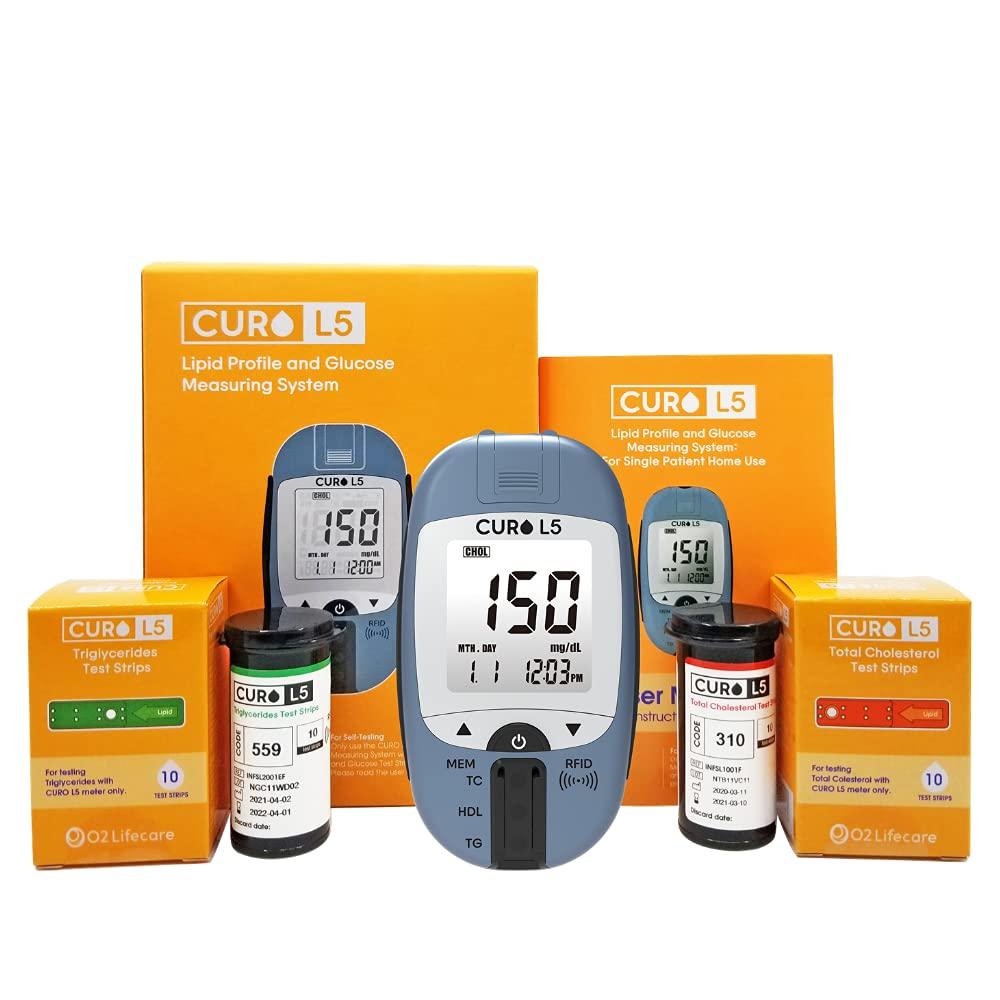 CUROfit Quick Home Blood Total Cholesterol and Triglycerides Test Kit - CURO L5 Digital Meter - Easy Use, Accurate Results, Comprehensive Health Tracking, Portable Design, and All-Inclusive Kit
