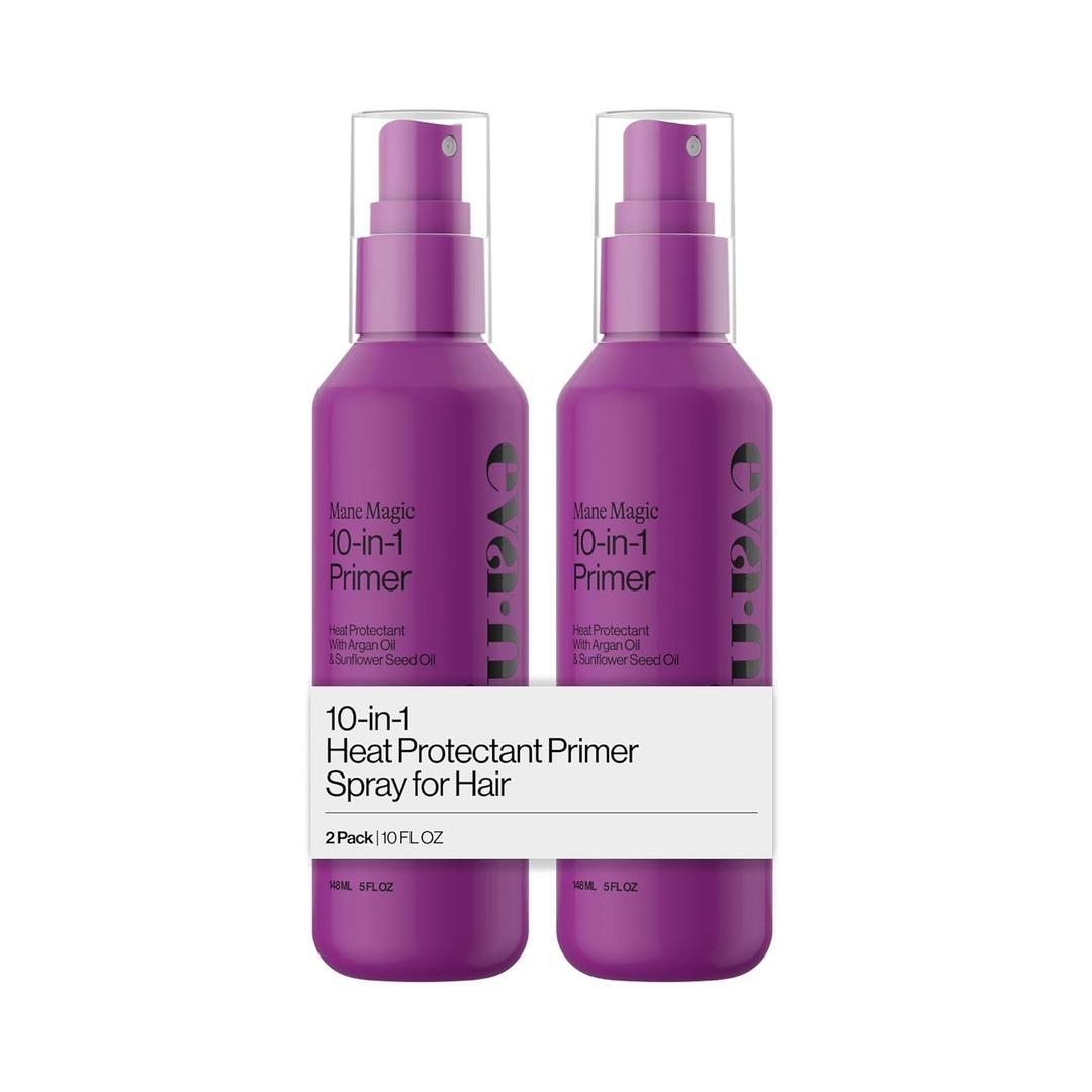Eva NYC Mane Magic 10-in-1 Heat Protectant Set for Medium + Thick Hair - Anti-Frizz Heat Protection Spray Gift Set - Argan Oil Blow Dry Spray - 10-in-1 Hair Primer - Vanilla Scent - 10 fl oz - 2 Pack