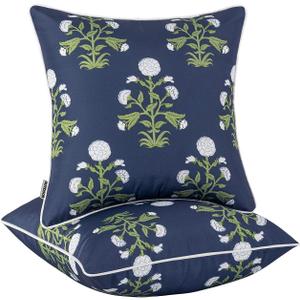 MIULEE Decorative Floral Outdoor Pillow Covers with Inserts Set of 2 18x18,Waterproof Vintage Fade Resistant Patio Throw Pillows with Piping for Spring Summer Garden Couch Sofa,Navy Blue