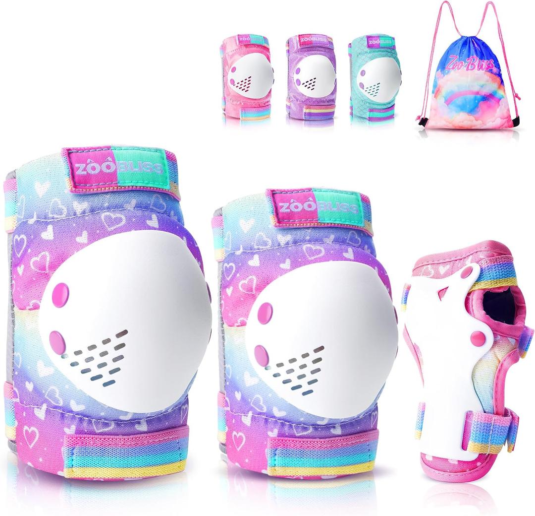 Knee Pads for Kids - ZOOBLISS Toddler Knee and Elbow Pads Set Wrist Guards for Skating Girls Aged 3-12, Kids Protective Gear for Roller Skates Skateboard Bike Scooter, Included Drawstring Bag(Rainbow) Medium