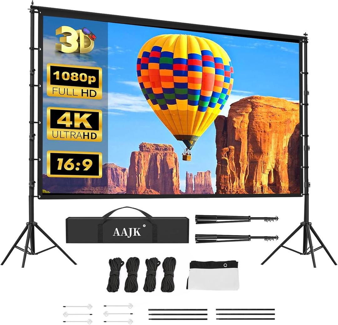 AAJK 150in Projector Screen with Stand,Portable 16:9 4K HD Indoor Outdoor Projection Screen with Wrinkle-Free Design, Ideal for Home Theater and Backyard Cinema  Includes Carry Bag