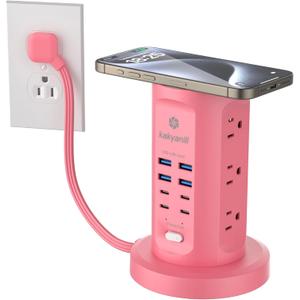 Power Strip Tower, kakyanill Surge Protector Tower 9 AC Outlets 8 USB (4 USB C), 6 Ft Retractable Extension Cord, Charging Station for Office Dorm Room, Pink