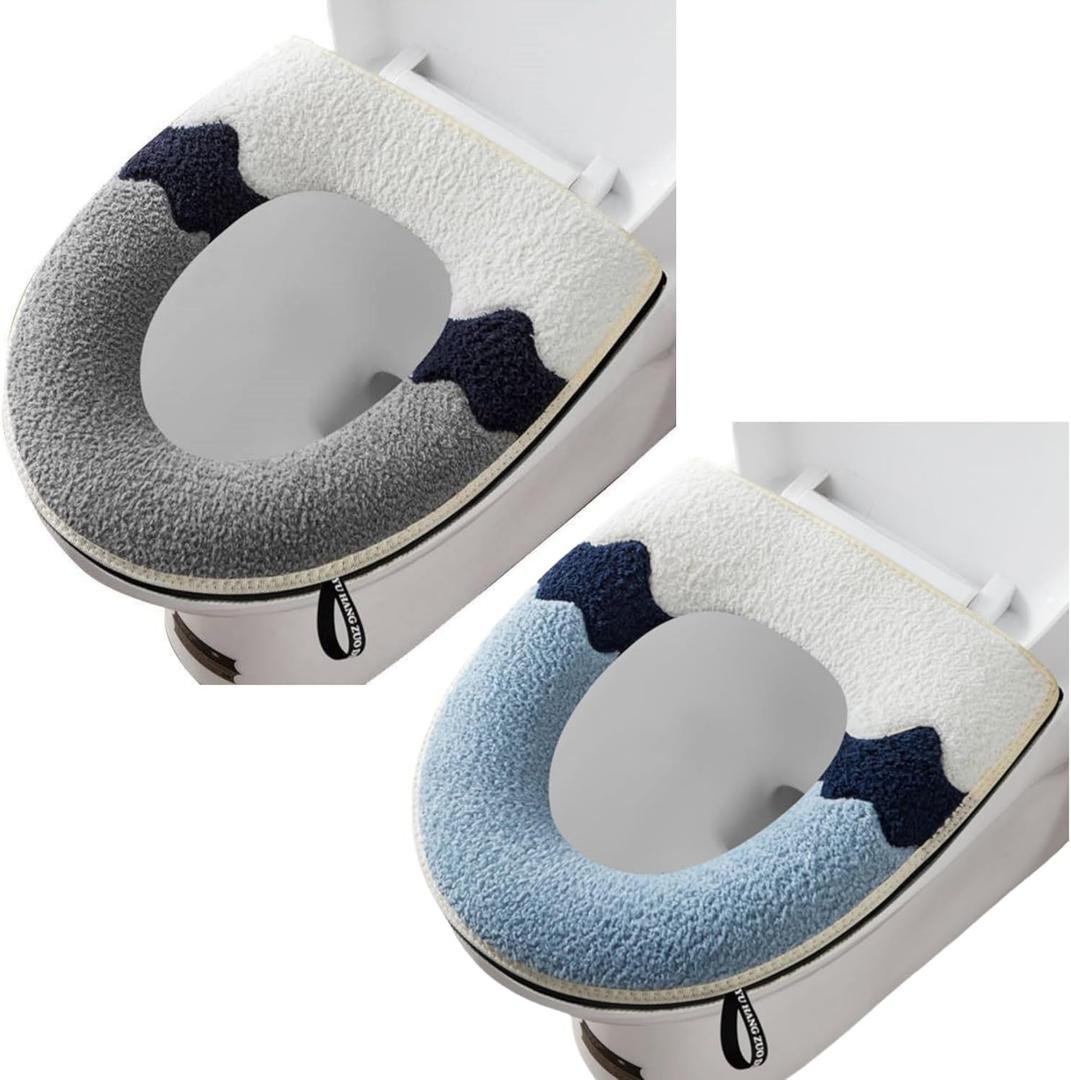 2 Pieces Thicker Bathroom Soft Toilet Seat Cover Pad with Handle Toilet Lid Cover Cushion Soft Thicker Washable Fits All Oval Toilet Seats (GRAY+BLUE)