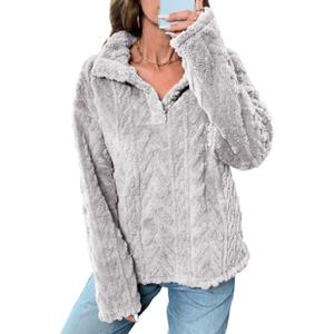 BLENCOT Womens Casual Button Down Collar Pullover Fleece Sweatshirt Long Sleeve Tops Warm Sherpa Coat Jacket Pockets (Gray, XL)