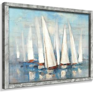 Coastal Framed Painting Wall Art: Abstract Ocean Artwork Seascape Picture Sailboat Prints on Wood in Modern Style for Bedroom 32"x24"