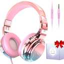 QearFun Headphones for Girls Kids for School,Cool Kids Wired Headphones with Microphone&3.5mm Jack,Teens Noise Cancelling Headphone with Adjustable Headband for Tablet/Smartphones-Gradient Deep, Pink