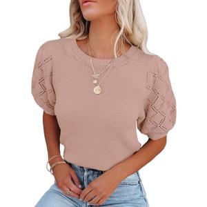 Womens Short Sleeve Sweaters Crewneck Knit Pullover Tops 2025 Summer Casual Lightweight Crochet Blouse Shirt Medium