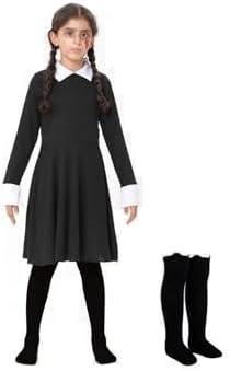 YANMO Halloween Costume Girls Black Dress Black Long Sleeve Collar Costume with High stocking Large