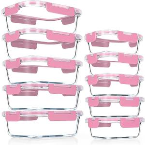 VERONES 10Pack Glass Meal Prep Containers, Airtight Glass Lunch Containers,Stackable Food Storage Containers Set with Lids,Exclusive of BPA, for Microwave,Oven, Freezer&Dishwasher Friendly,Pink