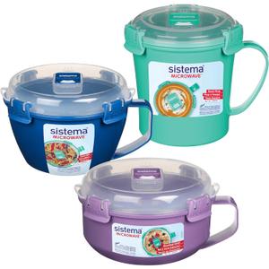 Sistema Microwave Containers | Soup Mug, Porridge Bowl & Noodle Bowl | Food Containers With Steam Release Vents | BPA-Free | Red | 3 Count