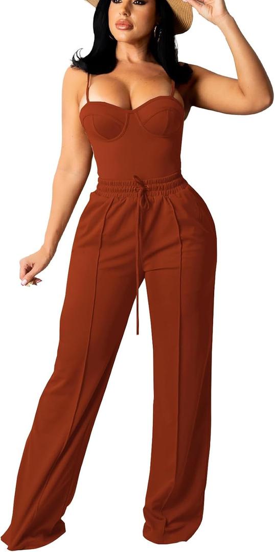 Bluewolfsea Sexy 2 Piece Pants Set for Women Cami Top Wide Leg Pants (XXL)