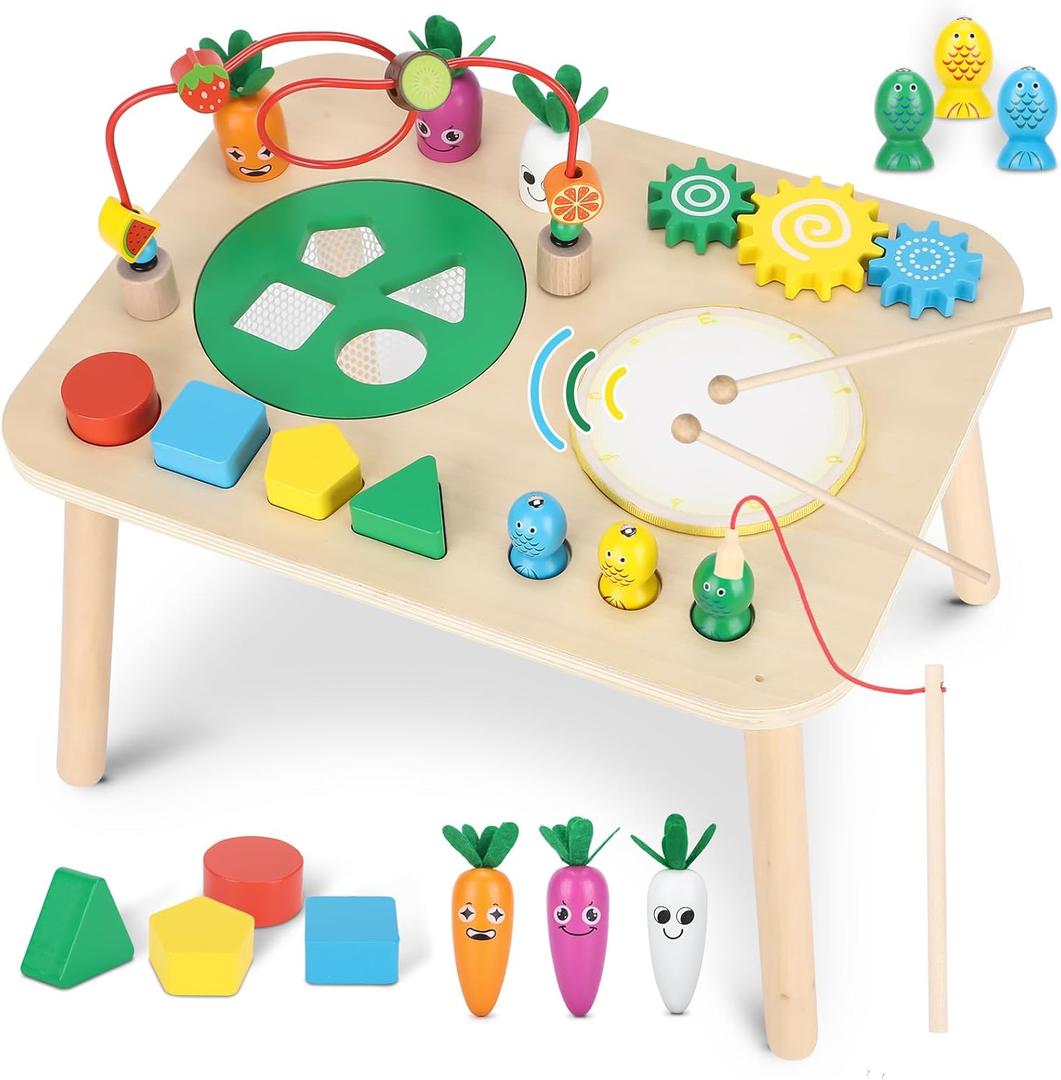 Activity Table for 1+ Year Old, 7 in 1 Wooden Montessori Activity Center Play Table with Drum, Bead Maze Shape Sorter Fishing Game, Kids Sensory Educational Toddler Learning Toys 1st Birthday Gifts