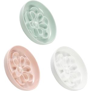 Melamine Cat Slow Feeder Bowl Set - Floral Maze Food Dishes for Cats and Small Dogs - Shallow Wide Plates for Dry & Wet Food - 3 Pack - White & Pink & Green