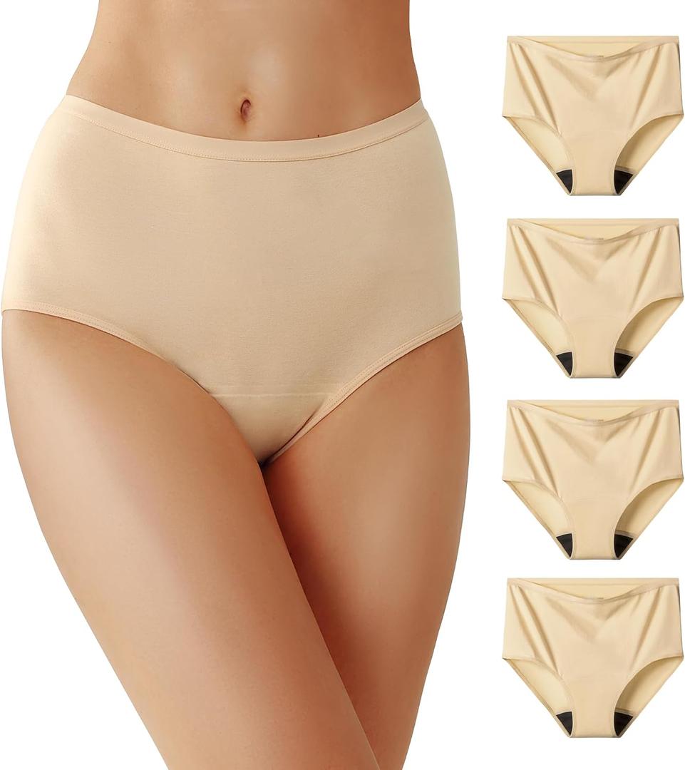 Battewa Cotton Incontinence Underwear for Women High Waisted Leak Proof Panties Bladder Leak Protective Briefs Adult Pee Proof Assurance Underwear (4Beige, L, 4 Pack)